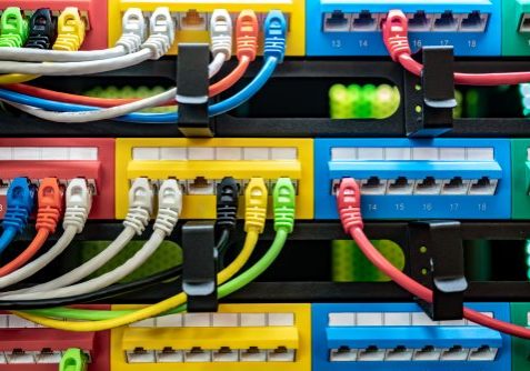 Colorful Telecommunication Colorful Ethernet Cables Connected to the Switch in Internet Data Center